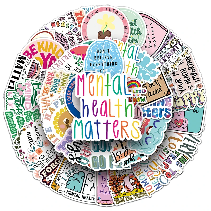 50PCS High Quality Words Mental Health Cartoon Sticker Waterproof Printing Vinyl Wall Sticker