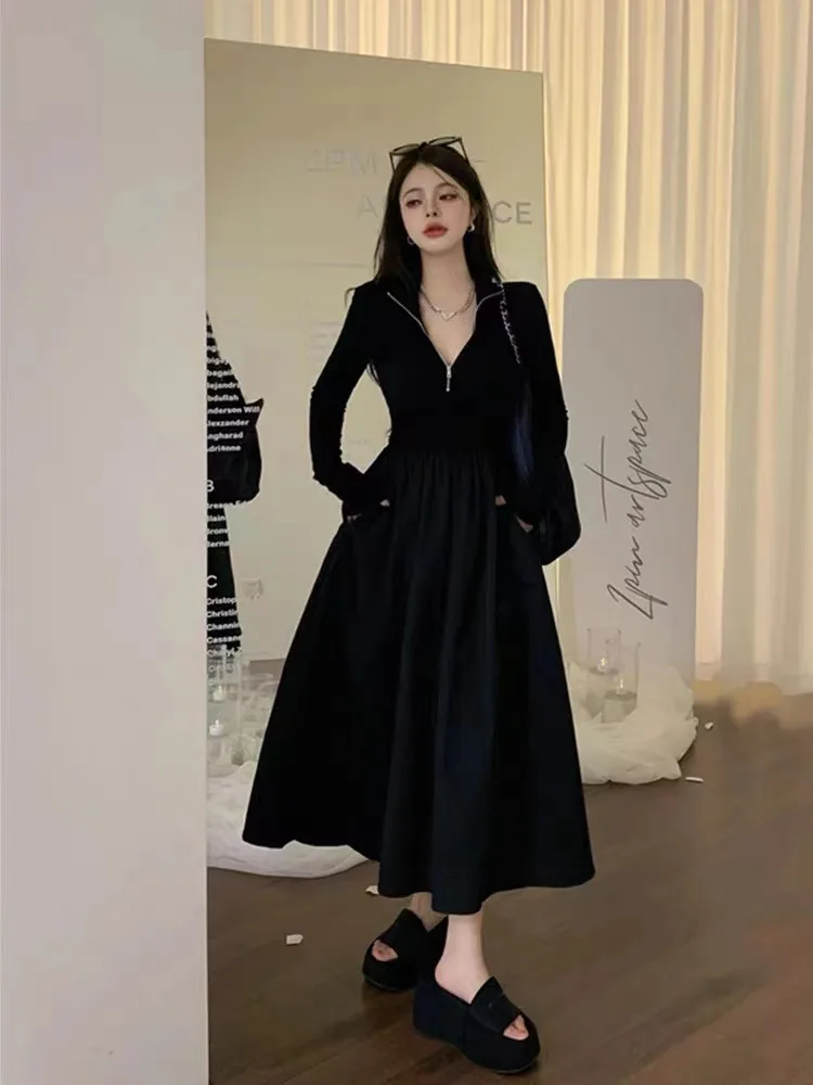 Black Slim evening and wedding dresses Knitted Dress Woman clothes and Swing  Dress V-Neck Casual clothing