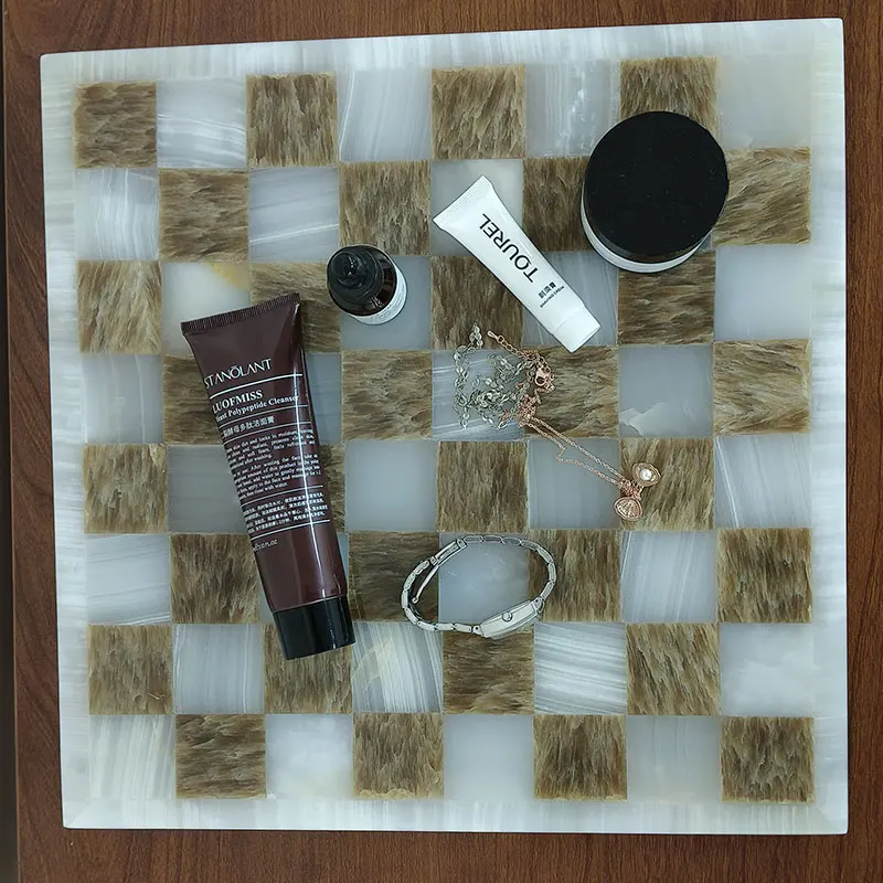 stonekocc Luxury Natural Onyx Game Board Mosaic Checkerboard Grid Tray Designer Room Home Storage Decorative Trays