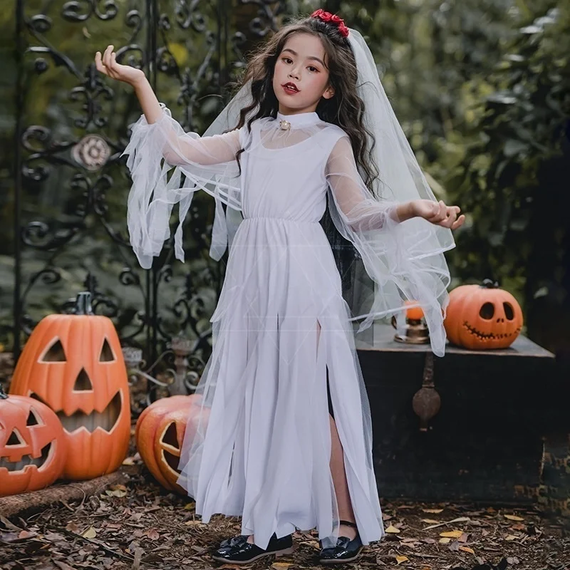 Halloween costume for kids Ghost Bride Costume Bride Zombie Dress Girls Black white Witch Costume Dark Devil GhostBride Dress