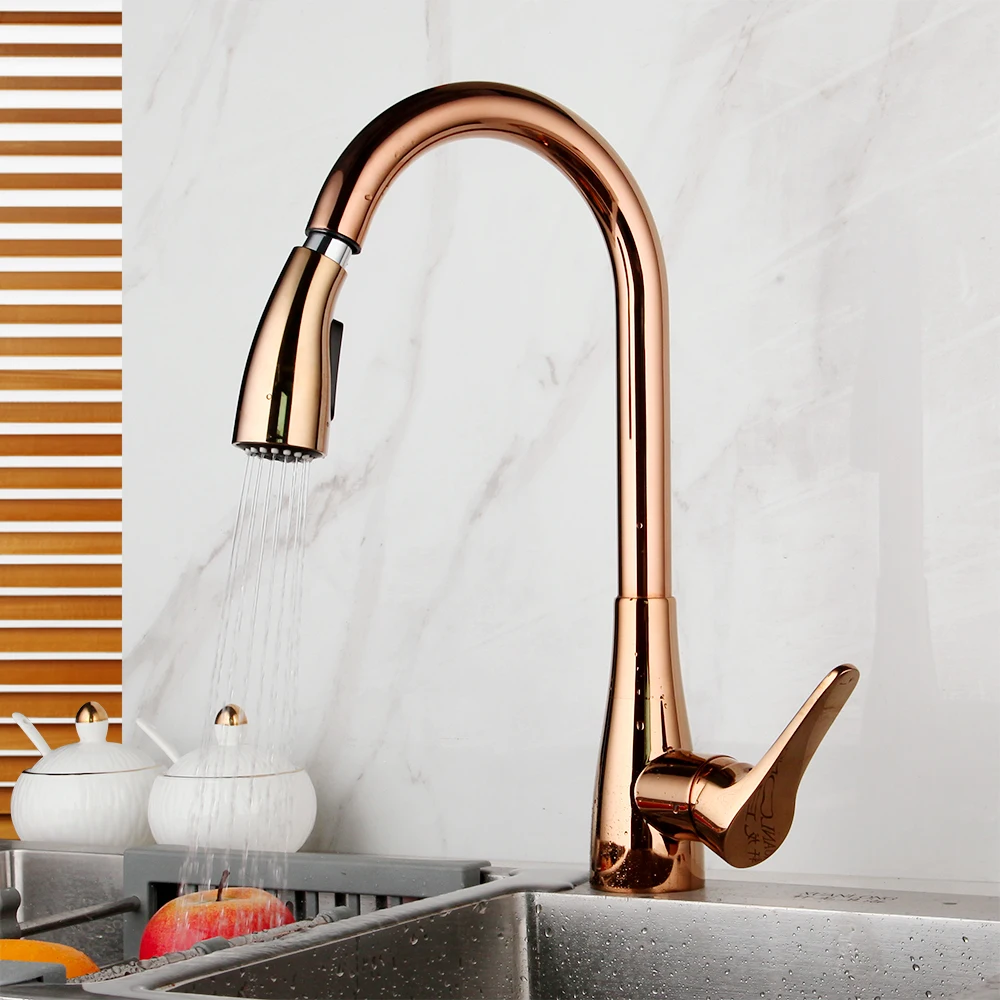 Jieni Deck Mount Rose Gold Kitchen Sink Pull Out Spray Mixer Swivel Brass Faucet Taps