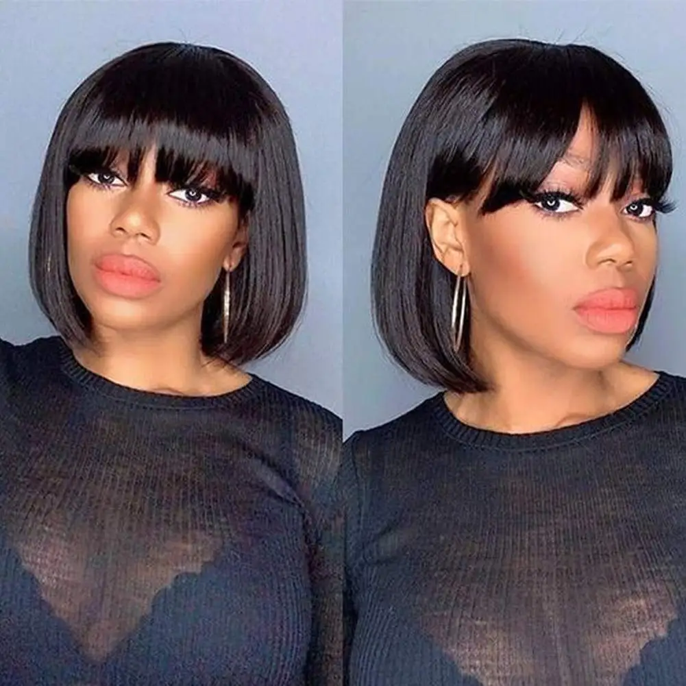 Human Hair Short Straight Bob Wig For Black Women,Brazilian Remy Hair Pixie Cut BOB Wig Full Machine Made Wig With Bangs