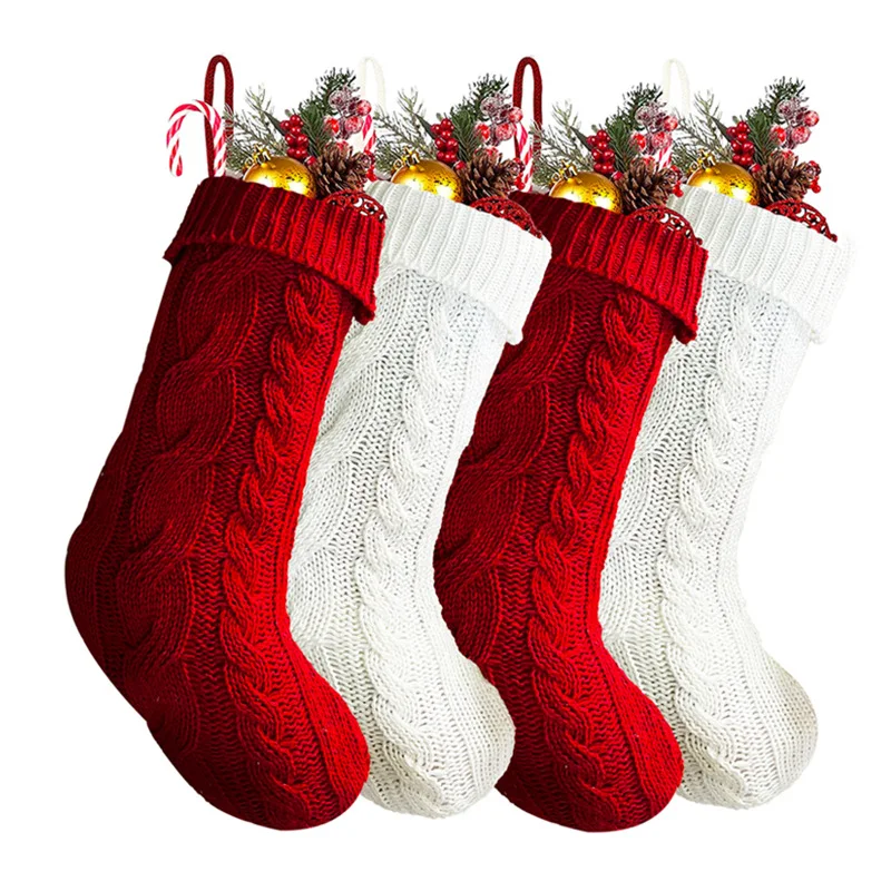 New Home Festival Tree Decoration Knitted Christmas Stocking Gift Bag Christmas Pendant Large Red And White Christmas Stockings