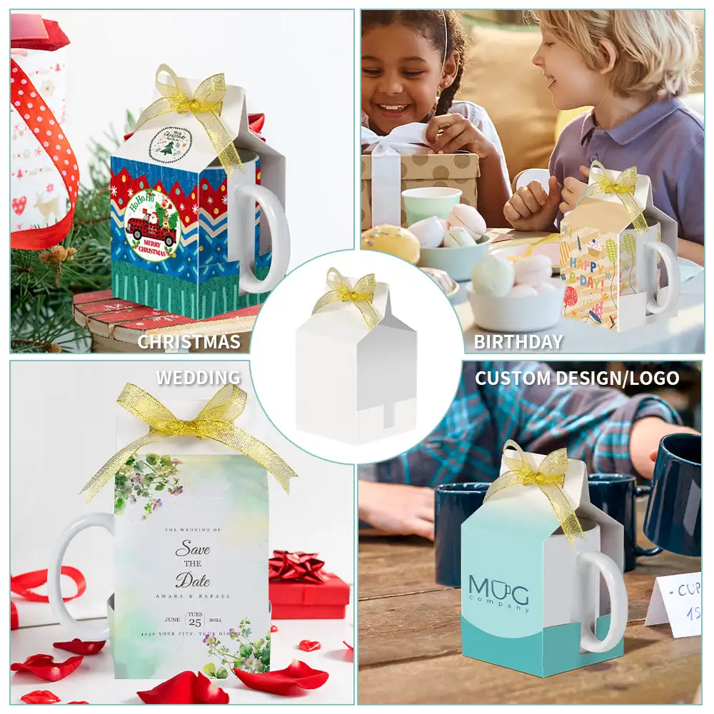 PYD Life Sublimation Boxes Blanks Custom Christmas Paper Packaging Gift Box for 11oz Ceramic Mug with Golden Ribbon