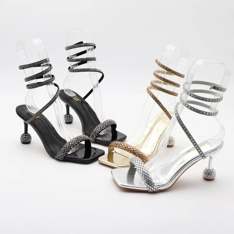 Black gold silver colors women fashion stiletto heels versatile Rhinestone Strap sexy party spiral high shoes for