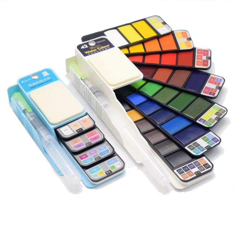 wholesale 18 Colours Fan Shape DIY Watercolors Paint Set With Sponge Palette