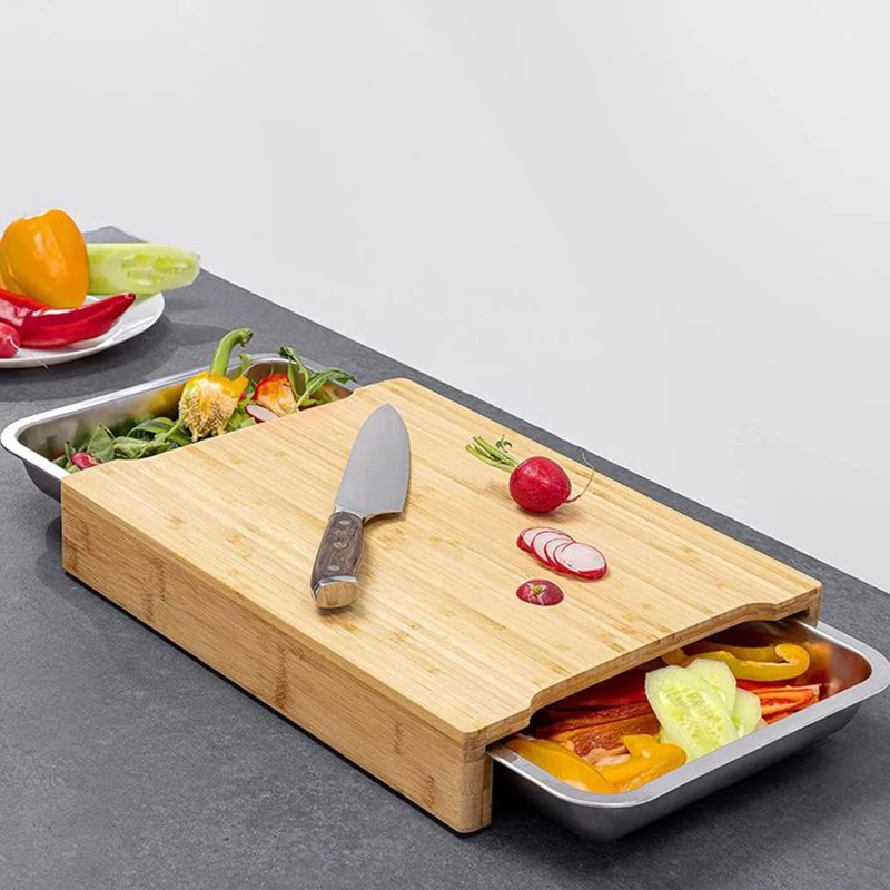 sublimation bamboo Cutting Board with Juice Groove 2 Piece Stainless Steel drip Tray chopping board with drawer Non-Slip Feet