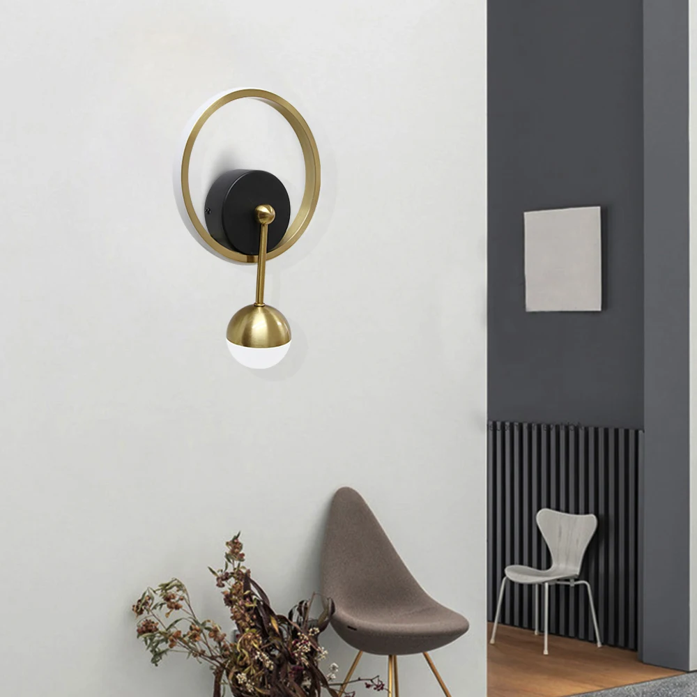 Настенные светильники в скандинавском стиле круглые дизайнерские светодиодные лампы черного и золотого цвета с круглым стеклянным шариком металлическим кольцом