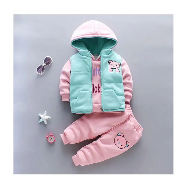 2023 Winter New  Baby Girls Clothing Suit Cartoon Bear Pattern Velvet Thick Zippered Vest 3-Pcs Boys Wear Children Clothes Set
