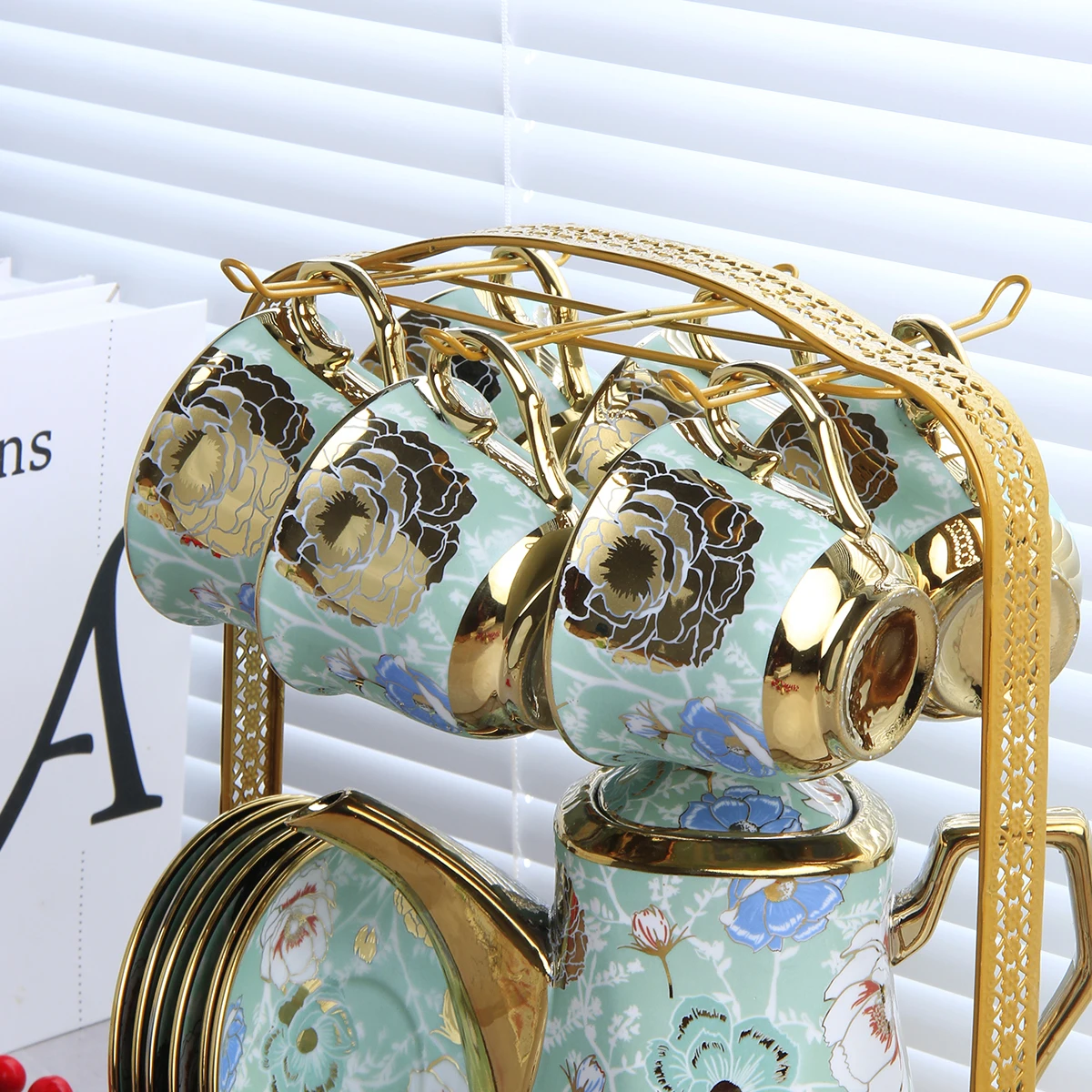 Deluxe 14PCS Water Set Arabia Gold Framed Porcelain Coffee & Tea Cup Set with Teapot Tray Ceramic Tea Cup Set