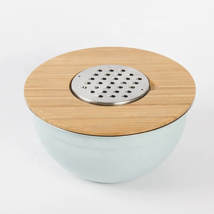 5 QT Airtight Lids Engraved Measuring Marks Non Slip Silicone Base Bamboo cover stainless steel mixing bowls with lid