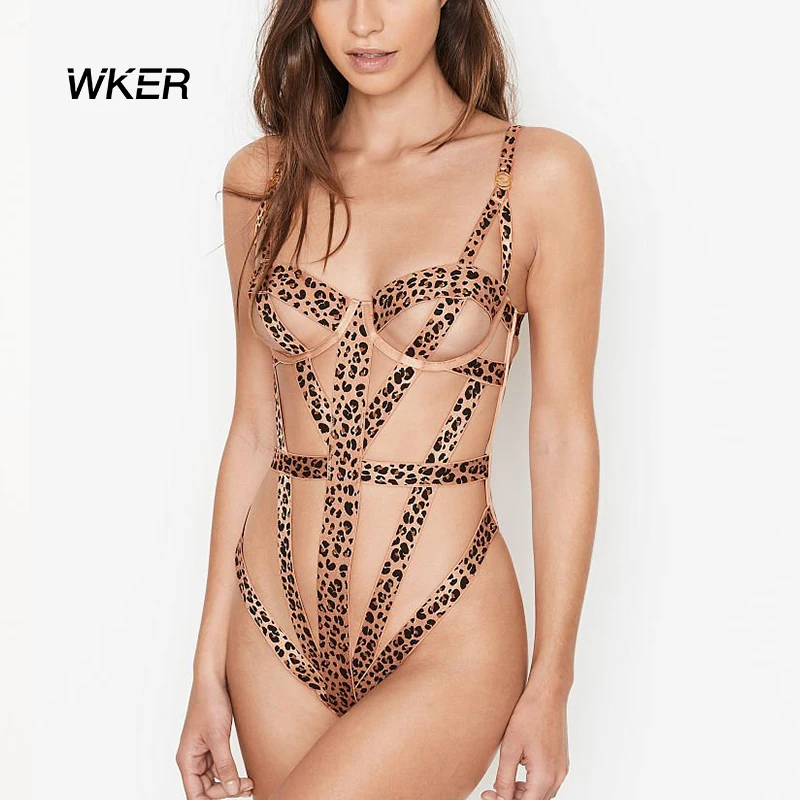 WKER Custom LOGO Hollow Sexy Suit High Quality Leopard Print Ladies  Sexy One - Piece Underwear