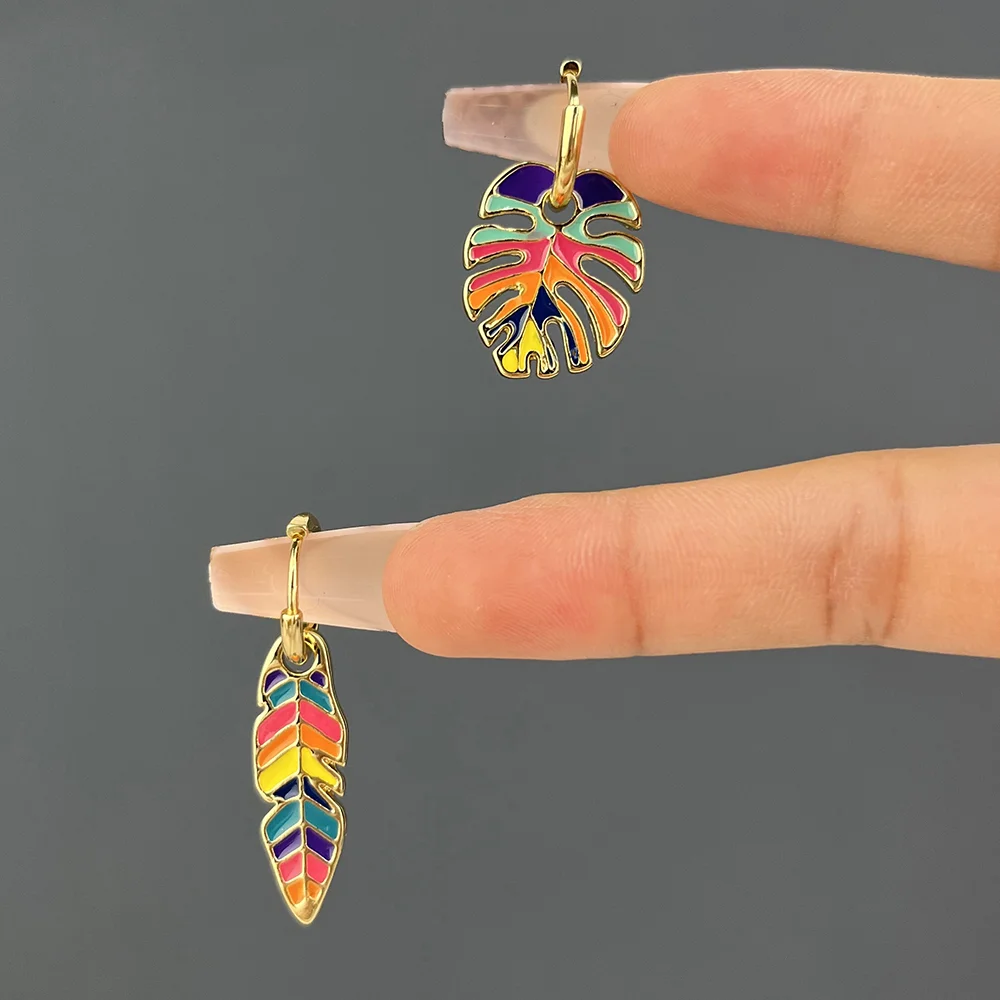 New Green Cactus Rainbow Leaf Pendant Earrings for Women Gold Color Plant Hoop Earrings Fashion Jewelry Girl Accessories 2022