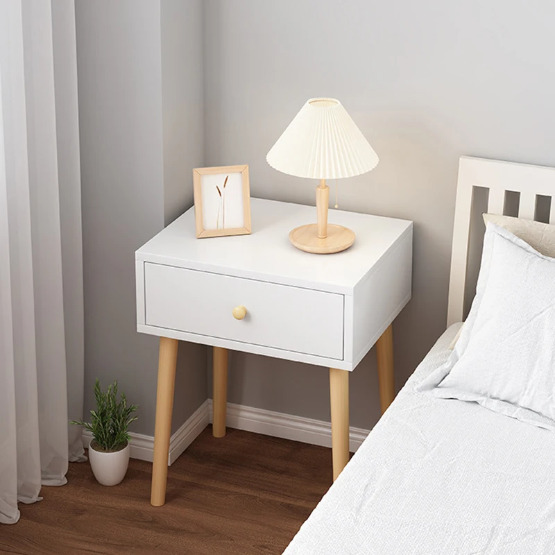 QUAWE Solid Wood Legs Round Side Table Modern Home Decor Coffee Tea Side Table with One Drawer