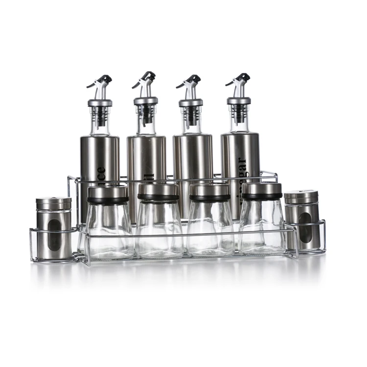 Stainless Steel Rotary Spice Jar Set 4 Glass Condiment Pot/bottle With Spice Rack