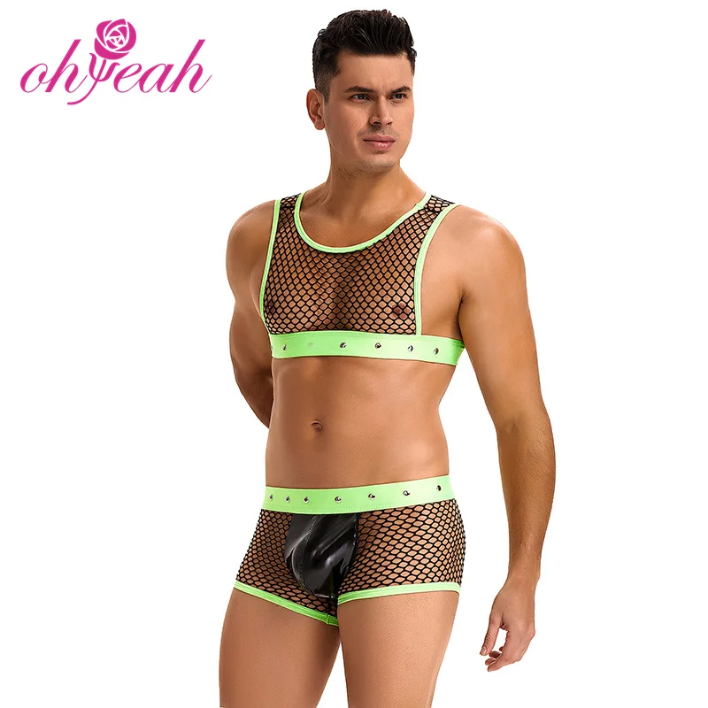 New arrival fashion mens lingerie fishnet cropped tank top briefs rivet adult dance costume shorts sexy outfit lingerie for men