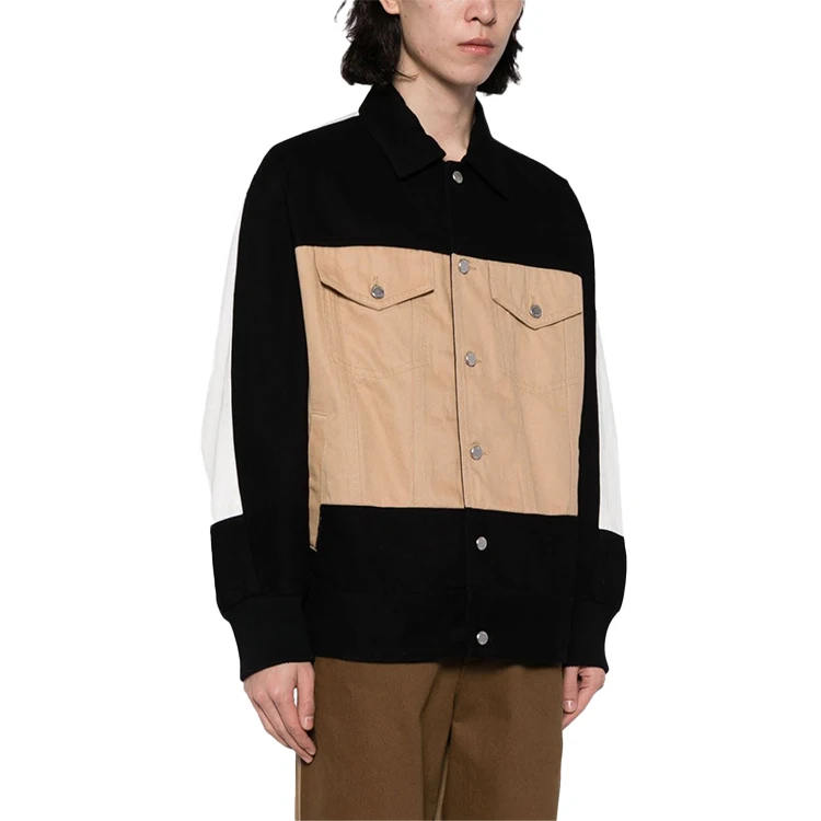 Clothing factory mens colorblock denim jackets chest pockets single button jackets
