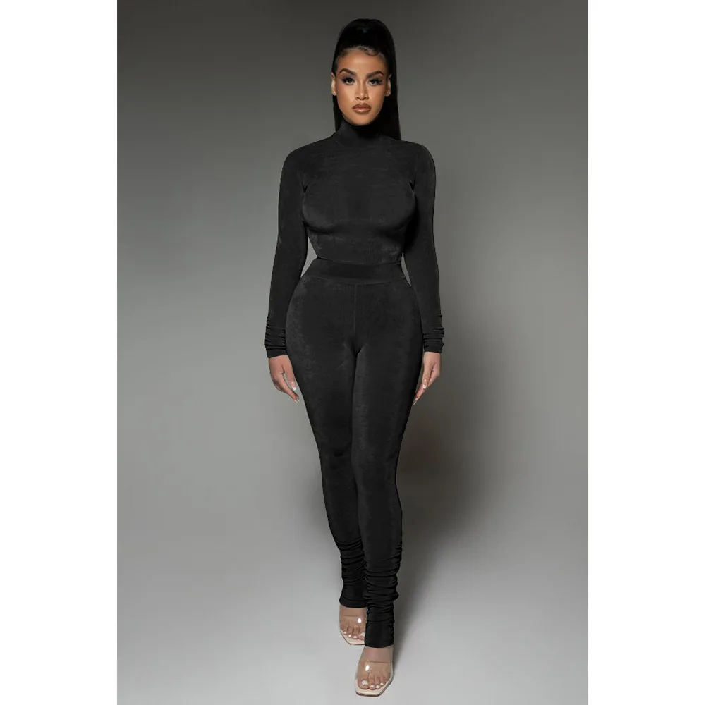 turtleneck sexy club top women private label crop top leggings tight track suit outfits two piece casual velour lady tracksuit