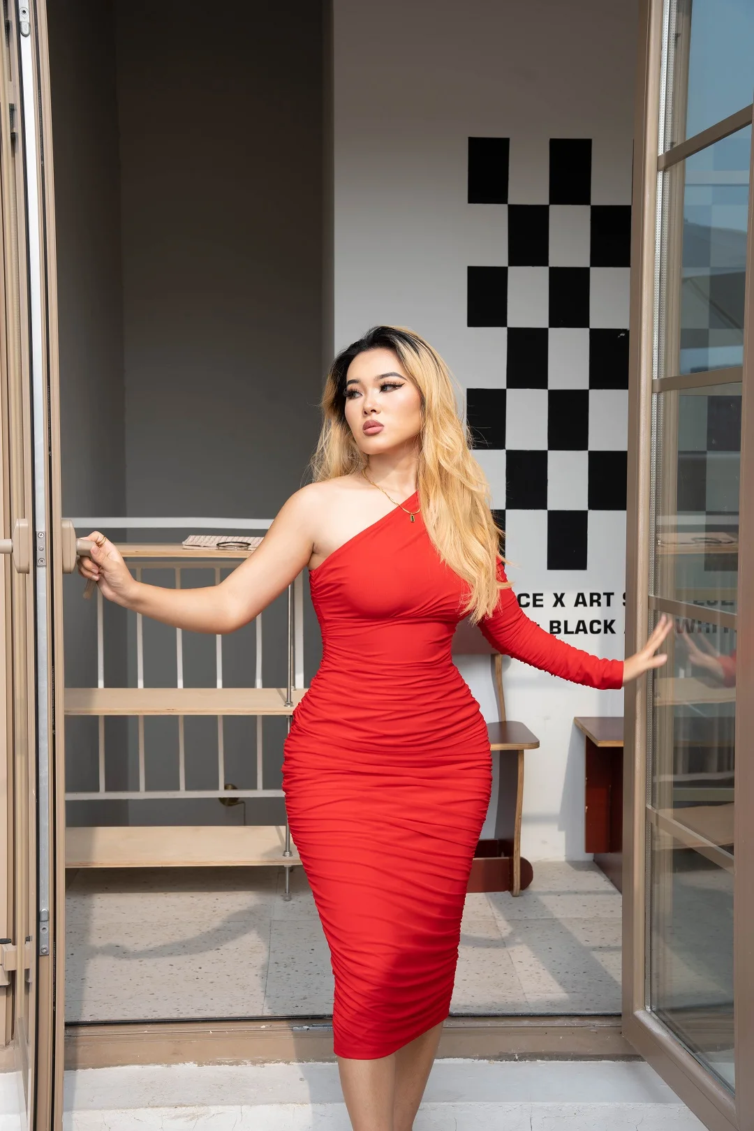 Latest design custom one shoulder cut out ruched long sleeve bodycon elegant party evening dresses