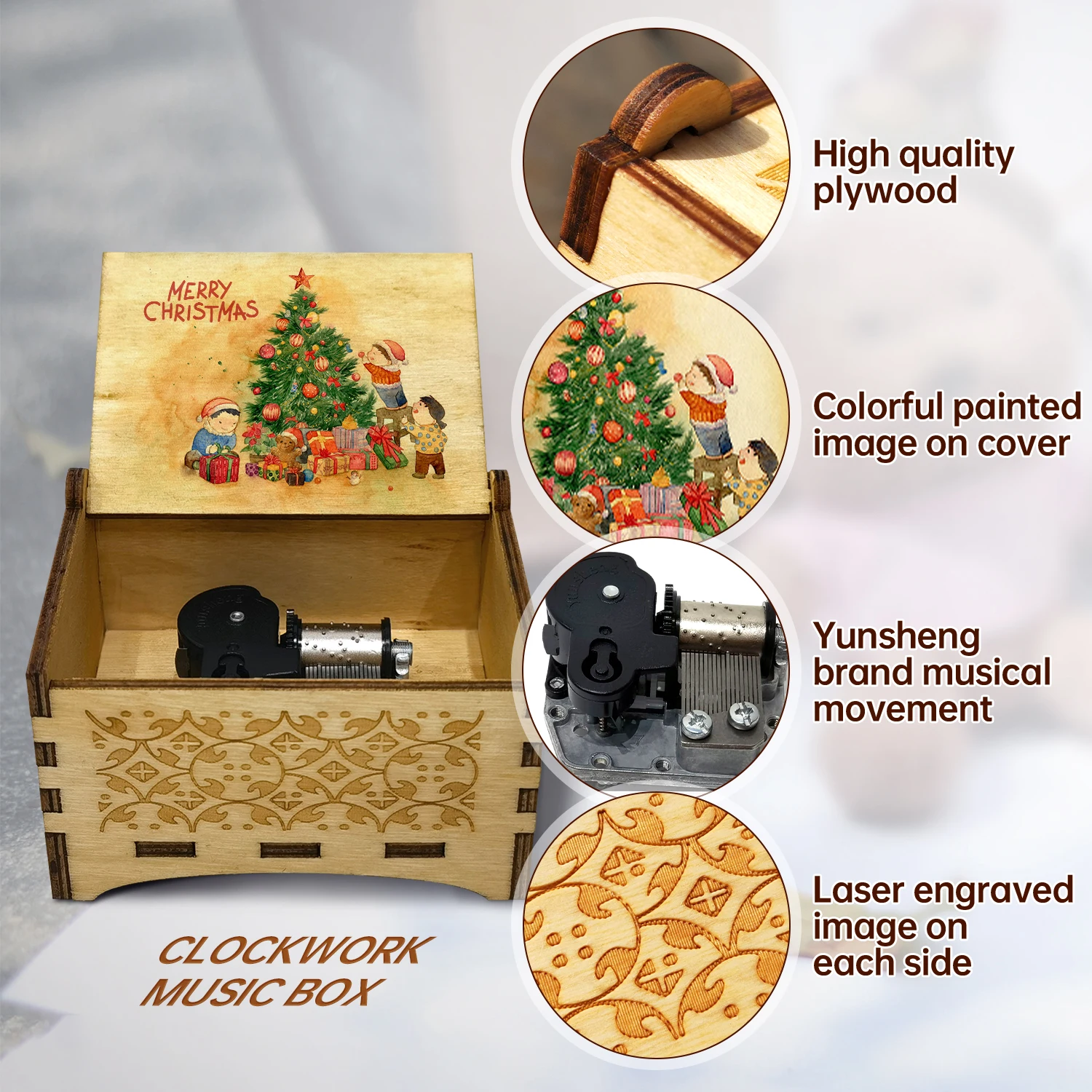 Custom Printing Wooden Clockwork Rotating Music Box Creative Wind Up Mechanism Musical Boxes for Wedding Souvenir Birthday Gift