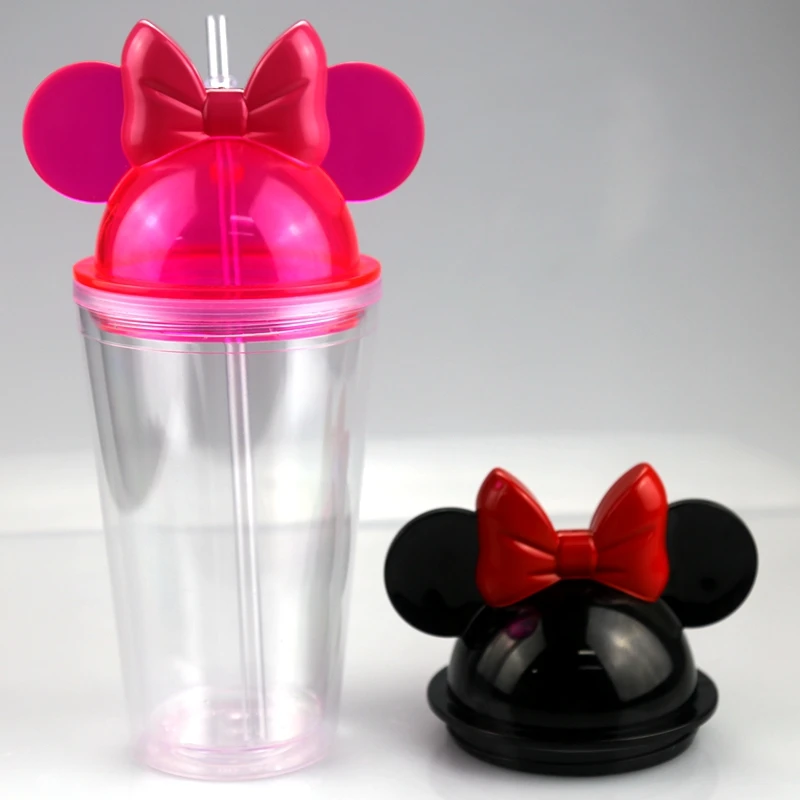 2021 Hot Sell Water Bottle Custom Clear Cute 16oz Ear Double Wall Reusable Acrylic Plastic Tumbler With Lids