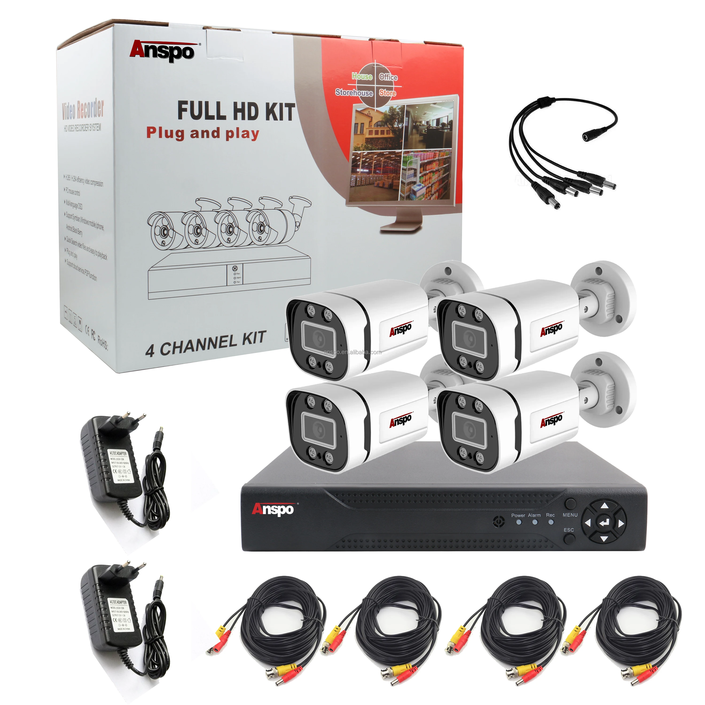 Anspo 5MP H.265 4CH POE Security  Camera System Kit full color night Motion detection Record IP Home CCTV