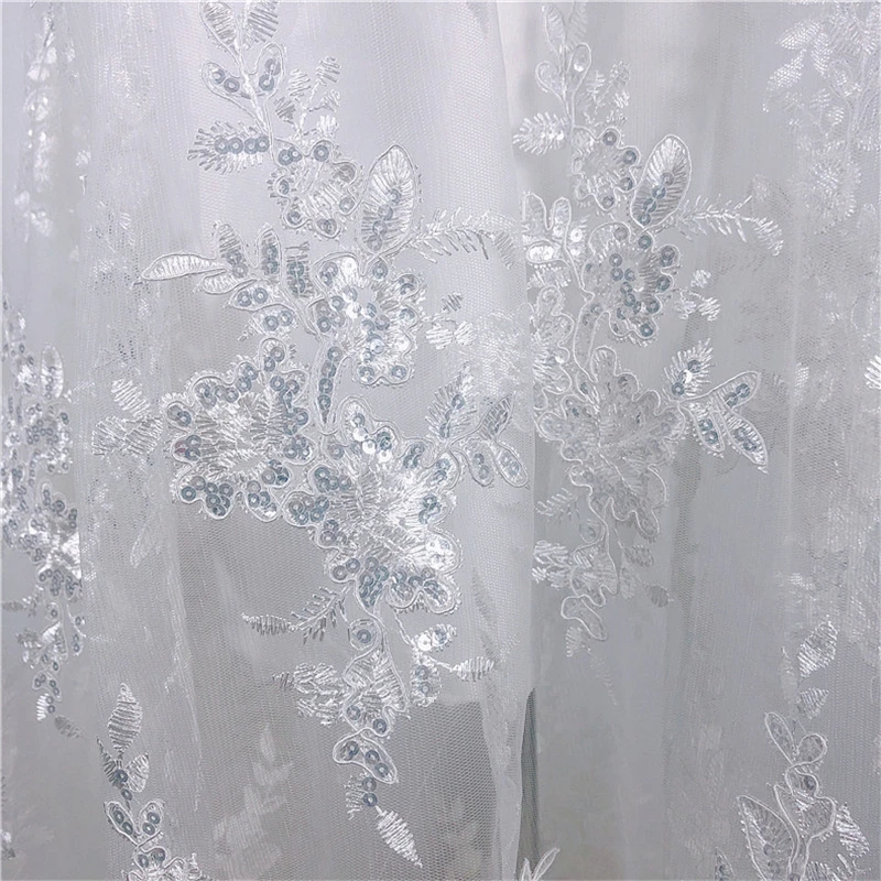 Wholesale French Mesh White Sequin Fabric Bridal Embroidery Lace Polyester Tulle Wedding Clothing Textile Fabric