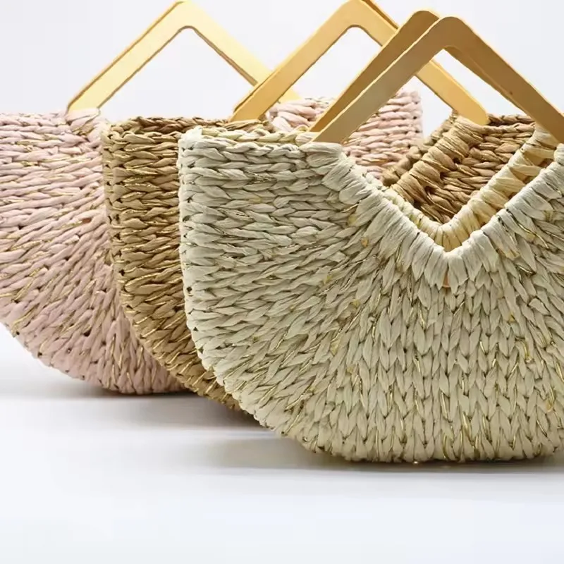 Wholesale Bucket Women Paper Straw Bags Weave Small Basket Handbags with Metal Handle Women Fashion Picture Daily Customizable -