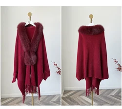 Ladies Faux Mink knitting Fur Shawl Fox Fur Collar Mid-Length Solid Color Tassel Fur Shawl