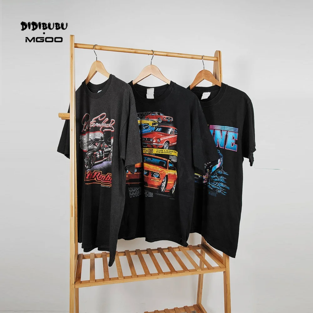 DIDIBUBU MGOO Streetwear Oversized Cotton Black Color Acid Washed Tee Custom Printed Renewal Vintage Black T-Shirt