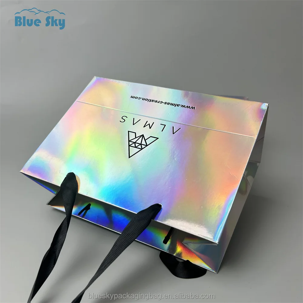China Hot Sale Manufacturer Holographic Valentines Day Cosmetic Packaging Slim Luxury Shopping Gift Paper Bag