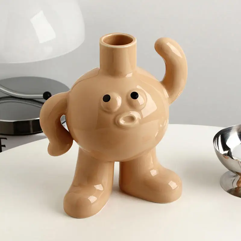 Wholesale Custom Cute Ins Style Big Feet Doll Figure Macaron Green Yellow Beige Color Bud Ball Ceramic Small Vase