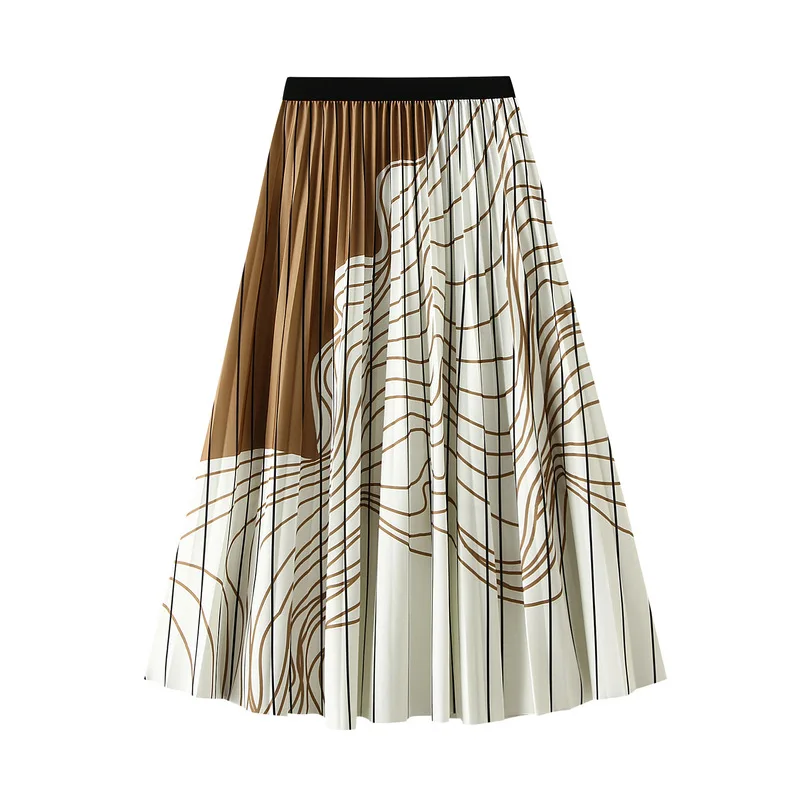 Patterned Elastic Waist Pleated Skirt