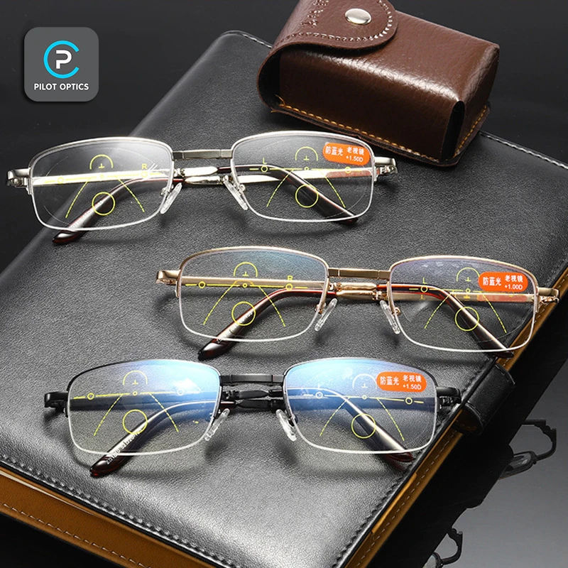 Pilot optics Portable Multifocal Men Women Anti-Blue Ray Presbyopic Progressive  Folding Reading Glasses