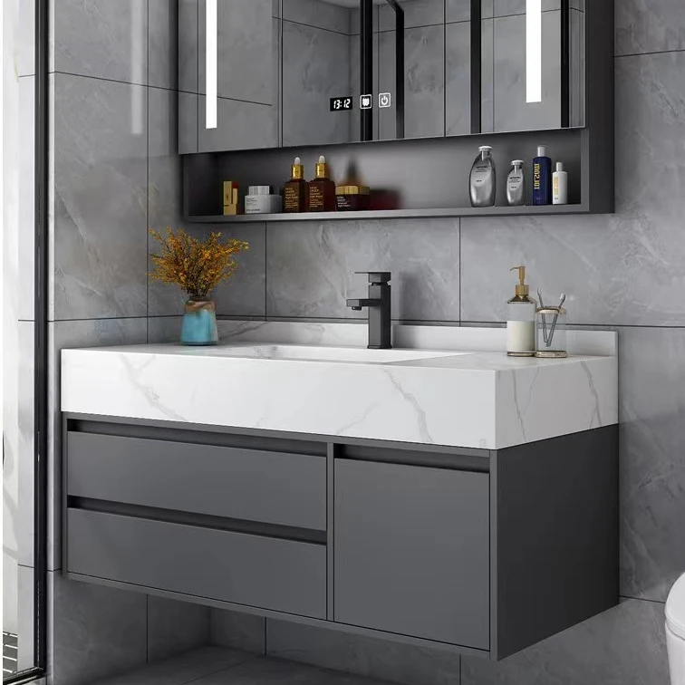 Hotel Solid Wood Wall Mount Dark Gray Washroom Storage Cabinet Combo Marble Floating Vanity Bathroom
