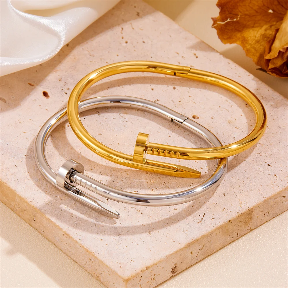 Fashion Gold Plated Stainless Steel Nail Diamond Bracelet  Nail Bangle Bracelets for Women stainless steel jewelry para mujer
