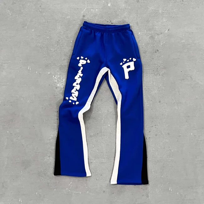 Screen Printing Streetwear OEM Custom Graphic Stacked Sweat Pants Men High Quality Terry Flare Sweatpants