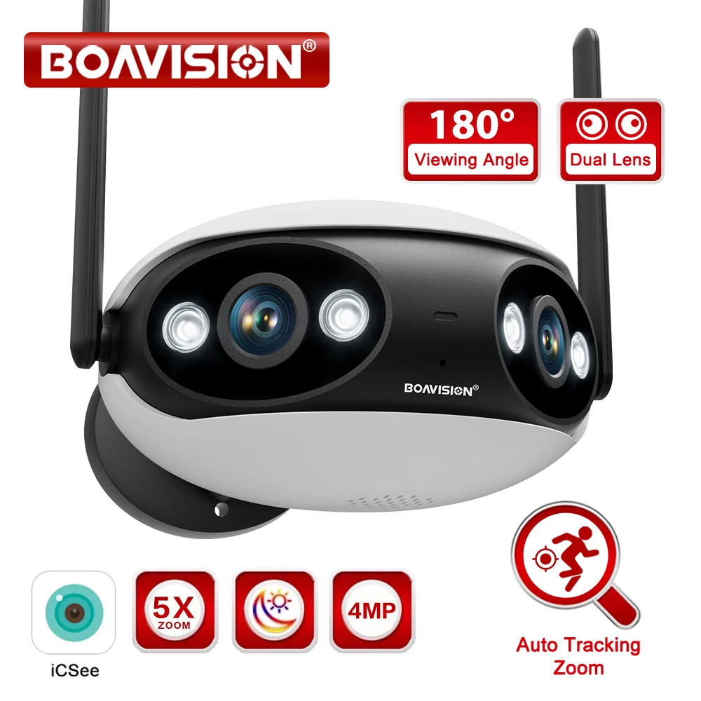 Wifi Outdoor Security Camera 4MP 180 degree Wide View Angle Humanoid Detection AI Auto Tracking POE On-vif Surveillance Camera