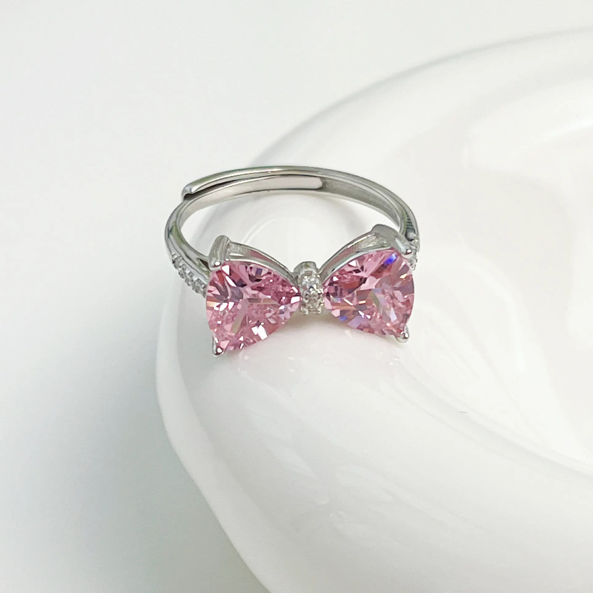 Fine 925 Silver Jewelry Sweet Pink Zircon Bow Ring Women Fashion 925 Sterling Silver Open Rings Jewelry Wholesale