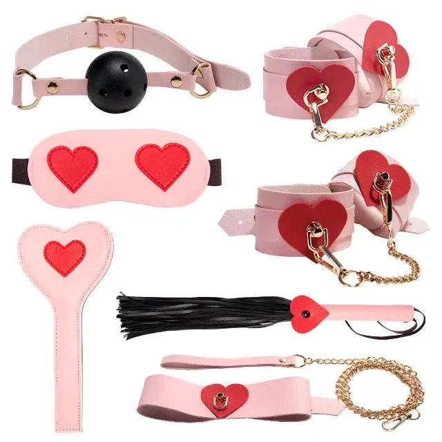 New 8PCS Heart Pink Bed Restraints Kit Bed Bondage Eye Mask Blindfolds Soft Wrist Ankle Handcuff Sex Bondage SM Kit