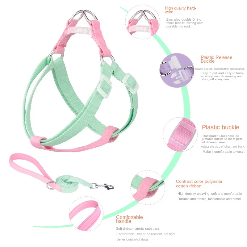 Fashion contrast color pet leash macaron color matching puppy cat chest strap collar set explosion-proof red walking dog rope
