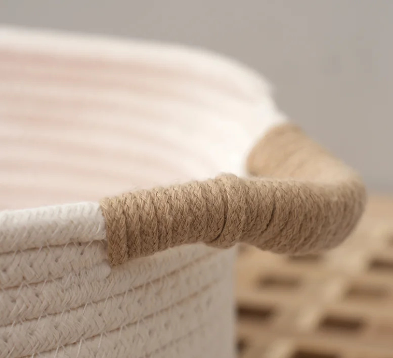 2022 Newest white Cotton Rope Baby Woven Storage Fabric Basket Foldable Storage Bag Basket With Handle