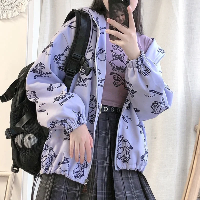 Kawaii  Anime Zip Up Cute Hoodie Japanese Streetwear Oversize Student Style Long Sleeve Harajuku Zipper Sweatshirt Girls