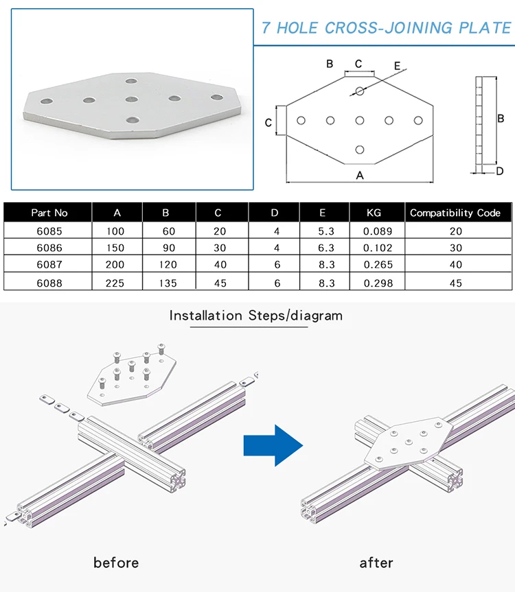 6087 7 Hole Cross Joining Plate 40mm Wall Shelf Bracket 40 Machine Connector Series for Aluminum