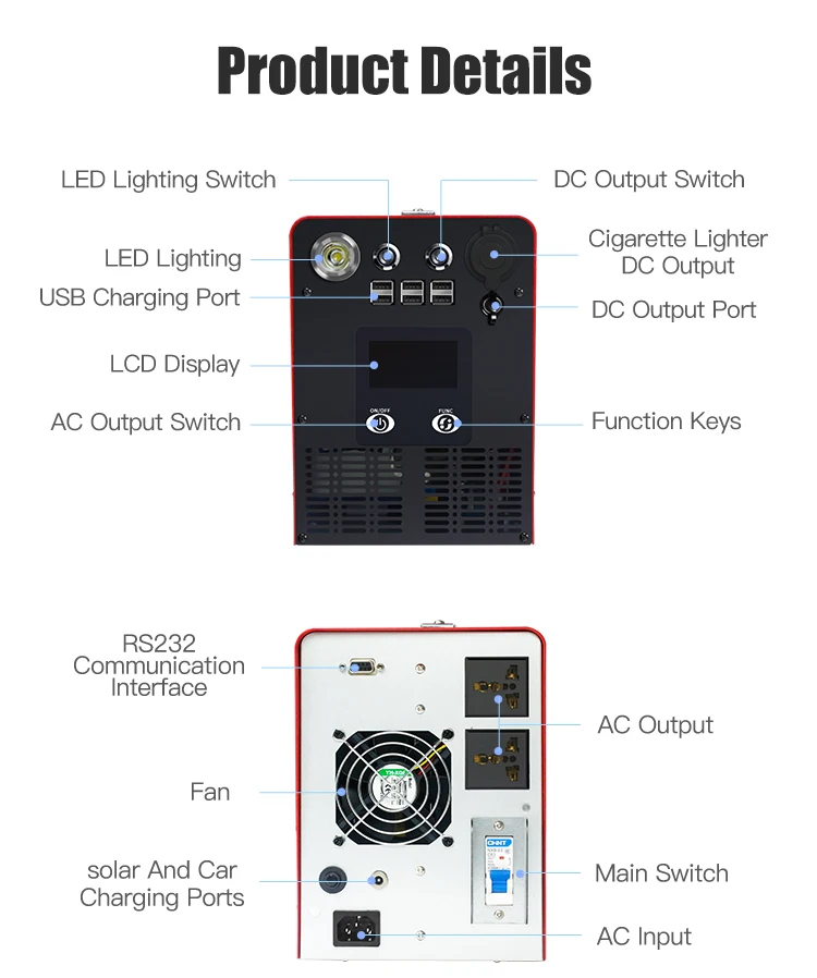
Pure sine wave 500W 1000W 1500W portable UPS online solar home lighting system with LCD display 