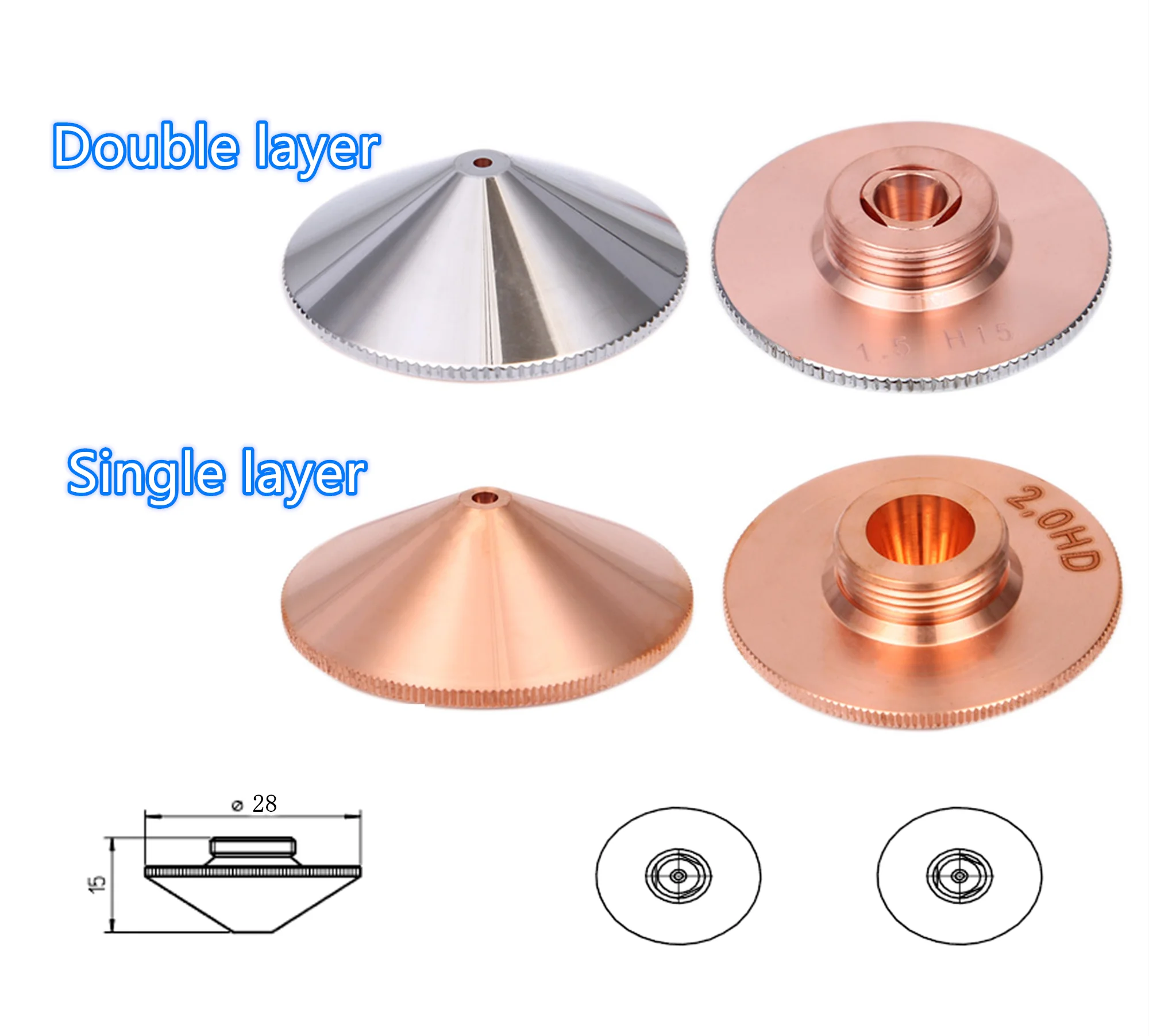 Laser equipments consumables chrome-coated Laser nozzle for Raytools laser cutting head D28 H15 M11 double layer