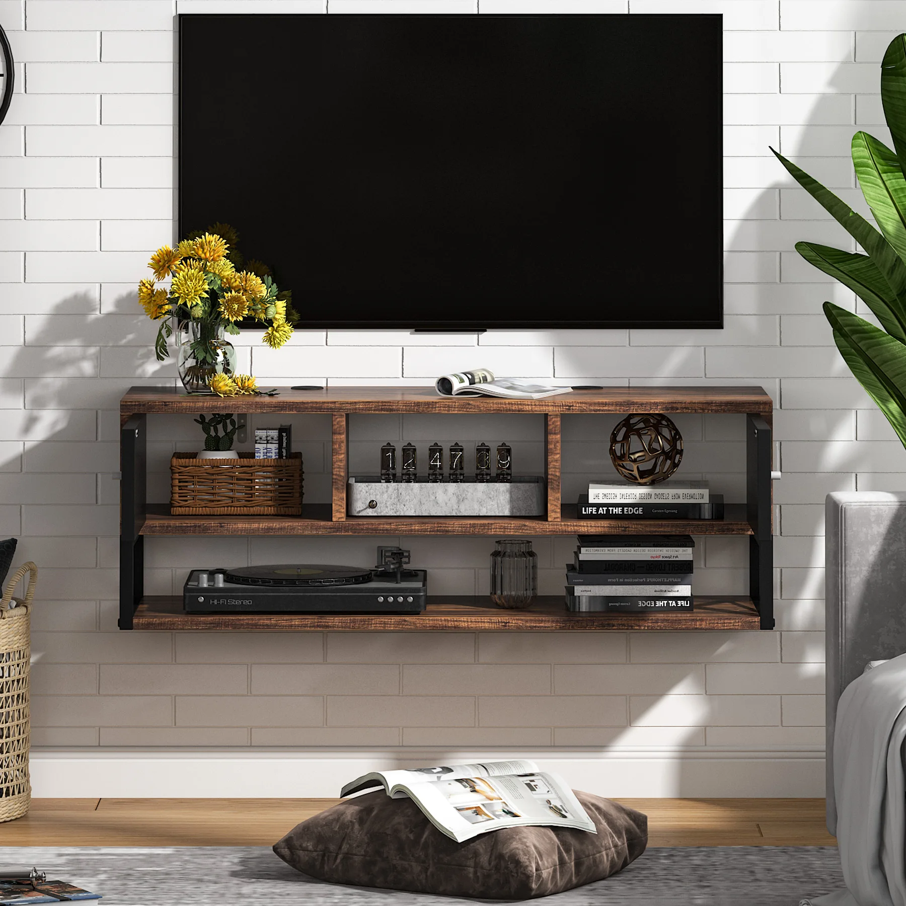 Modern accent decorative living room floating 3-Tier vintage wall mounted media entertainment center TV stand cabinet