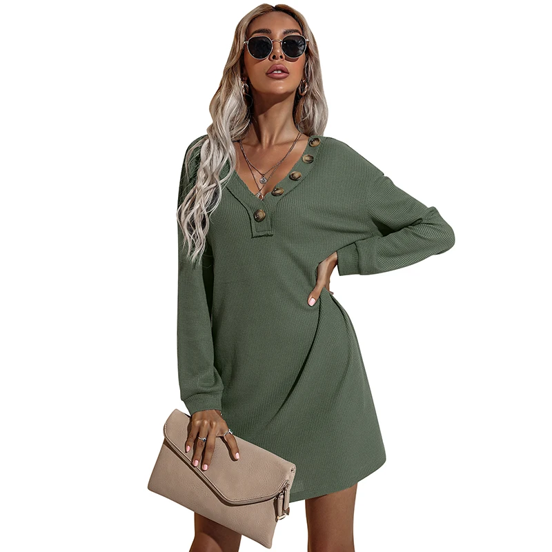 2021 Casual V-Neck Long Sleeve Sexy Fall Winter Street Wear Army Green Knitting Loose Plus Size Shirt Dress for women