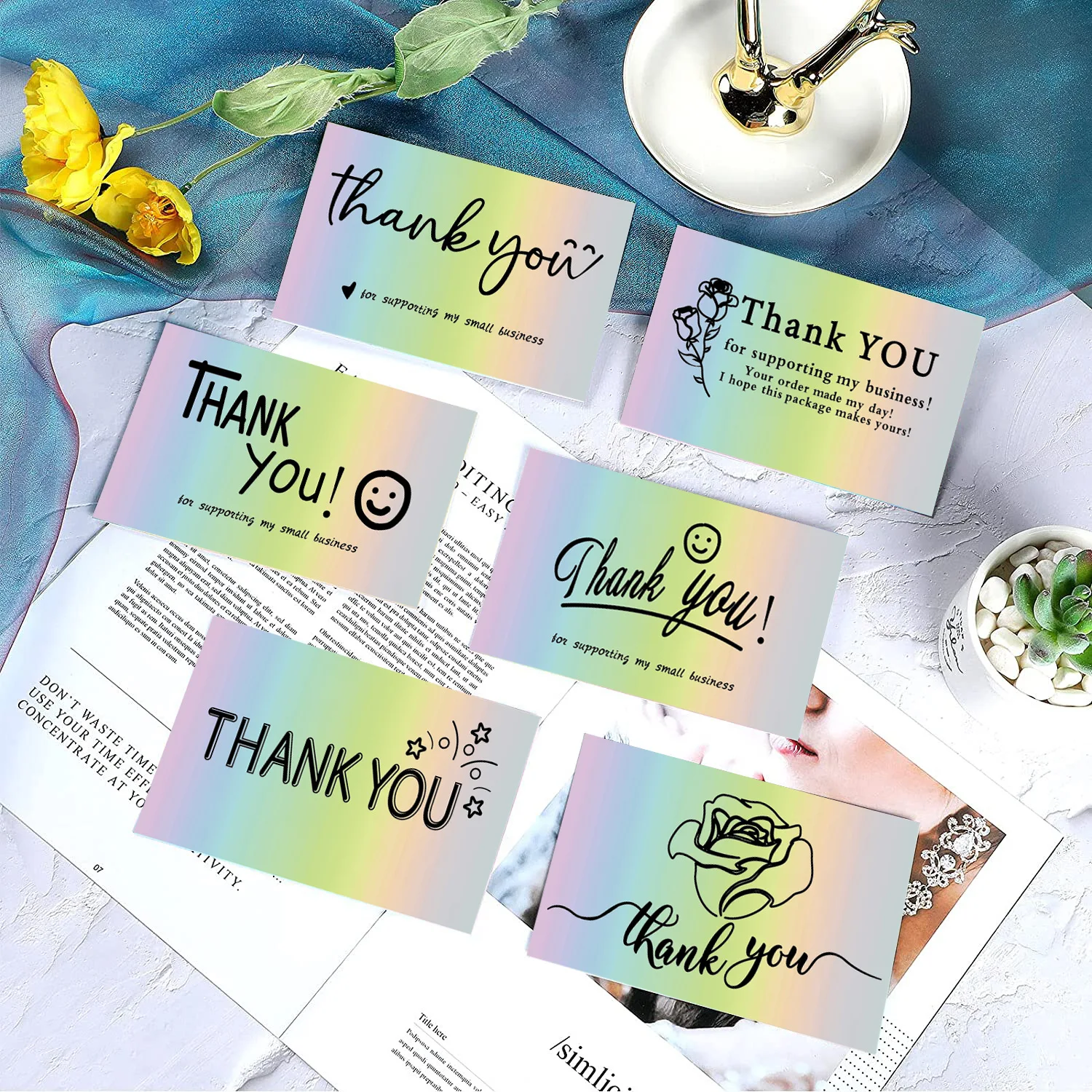 50pcs/pack Thank You Cards For Supporting Small Business Holographic Mini Rainbow Card Business Card For Package Decoration
