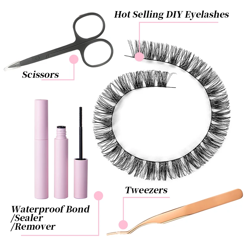 Private Label DIY Segment Lashes Vegan Korean Silk Mixed With Ultra Thin Clear Band and Wispy Spike Custom Logo Lash Clusters